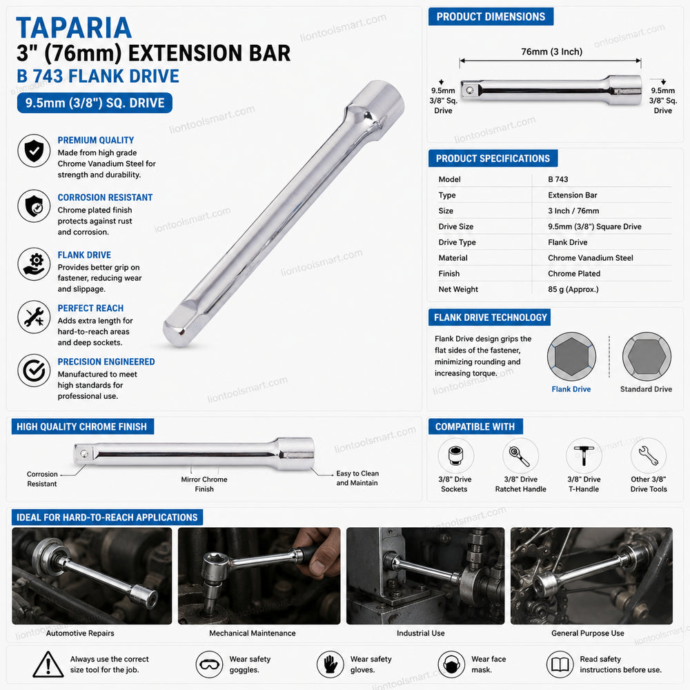 Taparia 3Inch / 76mm Extension Bar B 743 Flank Drive | 9.5mm 3/8 Sq. Drive Socket Accessories