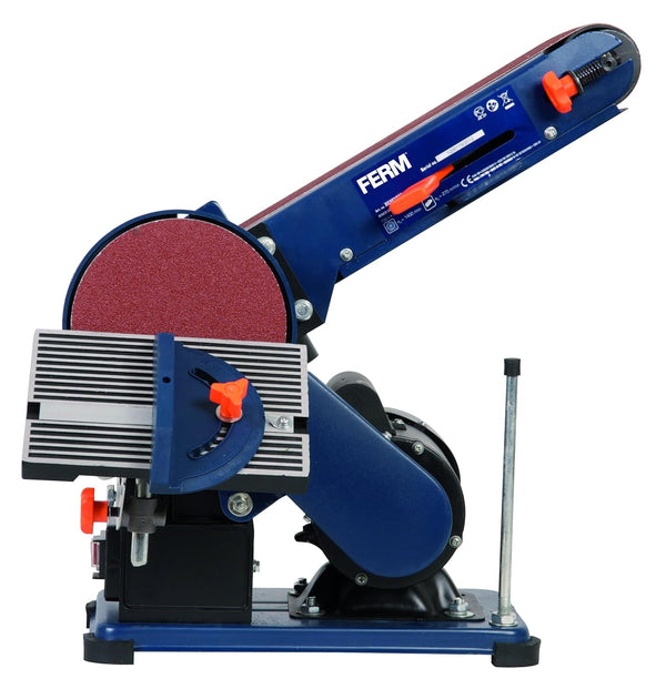 Belt sander with blue and black design on a white background