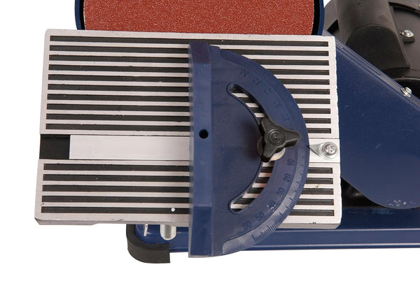 Close-up of a belt sander with a sanding belt on a white background