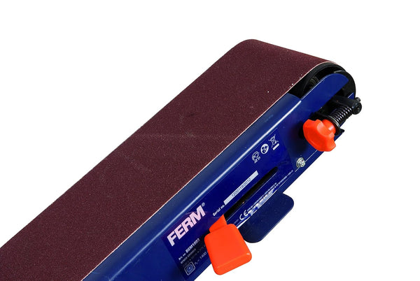 Belt sander with red handles on a white background