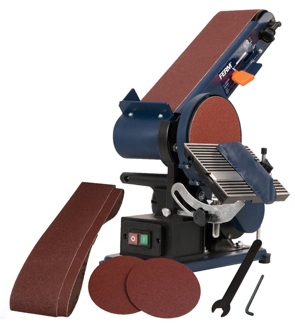 Belt sander with additional sanding belts and a wrench on a white background