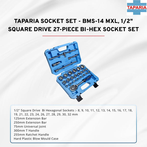 Taparia 27Pcs Bi-Hexagonal Socket Set 12.7mm (1/2 Inch) Sq. Drive in Blow Moulding Box BMS14MXL | Professional Socket Set