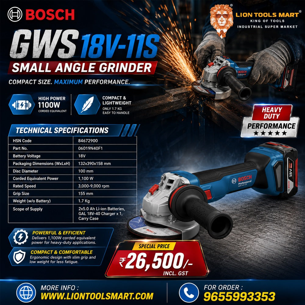 Bosch GWS 18V-11S Cordless Small Angle Grinder (18V, 100mm) – Heavy Duty Performance Kit | Kickback & Overload Protection | Brushless Motor | for Cutting & Grinding