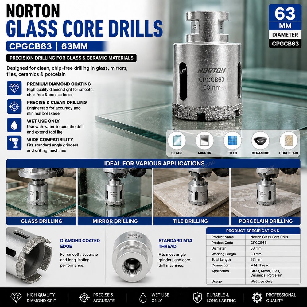 Norton Glass Core Drills CPGCB63 63mm | Diamond Core Drill Bit for Glass, Ceramic & Porcelain Tiles