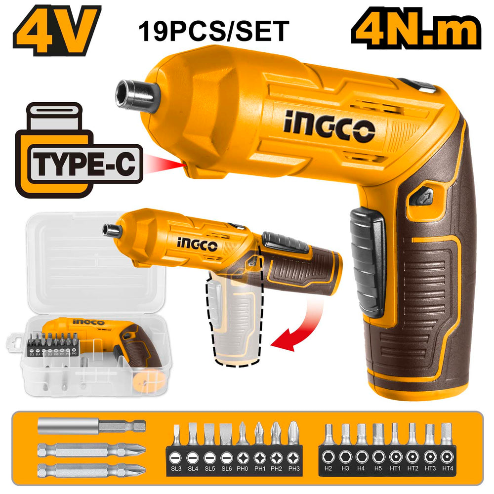 Ingco 19Pcs Electric Cordless Screwdriver Set 4V CSDLI0442 | Rechargeable Screwdriver Kit