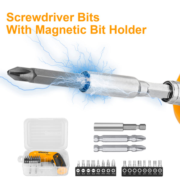 Ingco 19Pcs Electric Cordless Screwdriver Set 4V CSDLI0442 | Rechargeable Screwdriver Kit