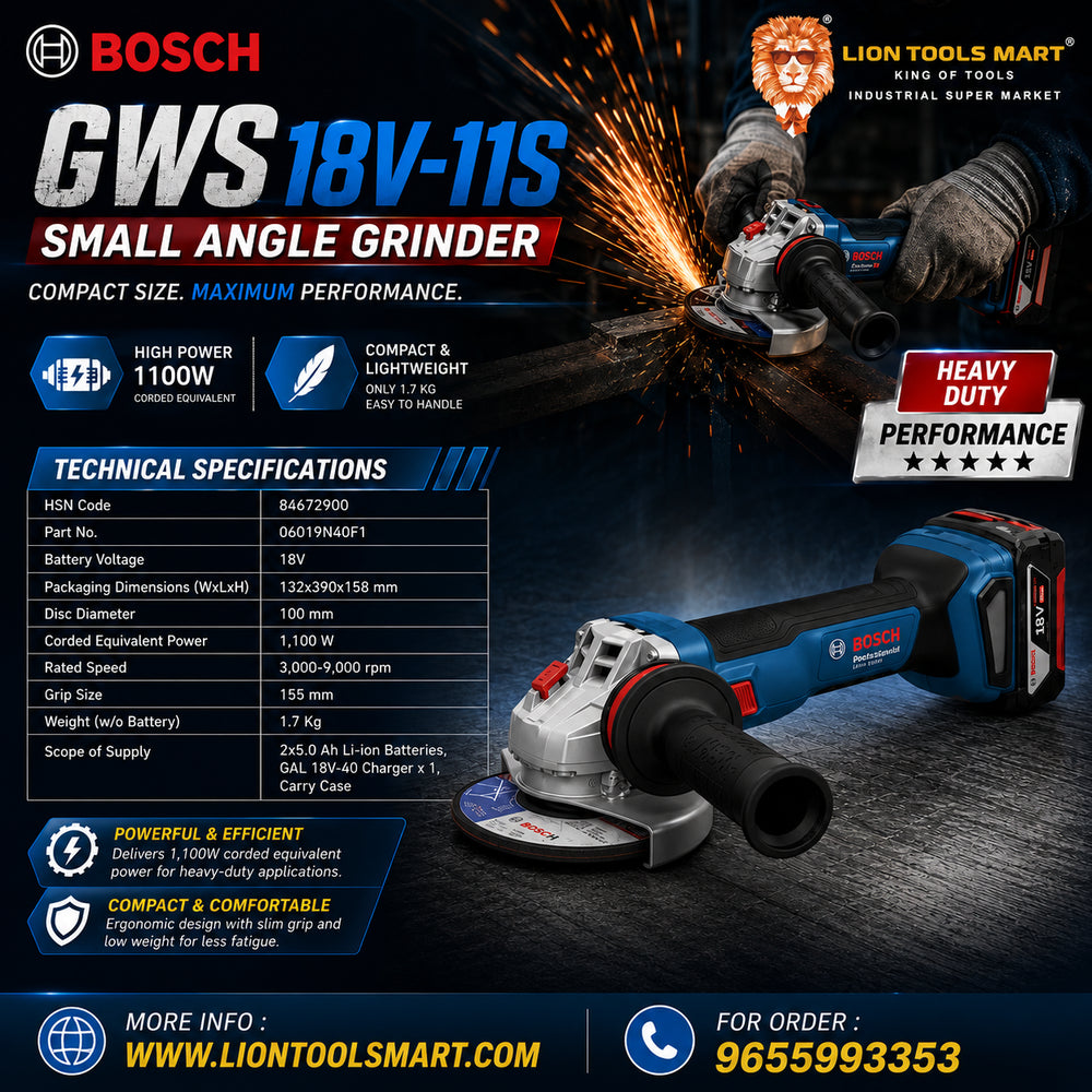Bosch Cordless Small Angle Grinder (18V, 100mm) | Heavy Duty Performance Kit GWS 18V-11S | Kickback & Overload Protection | Brushless Motor | for Cutting & Grinding