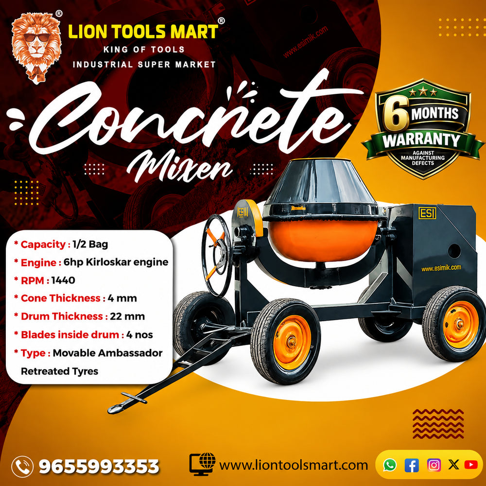 Lion 1/2 Bag Concrete Mixer Machine (6hp Kirloskar Engine)