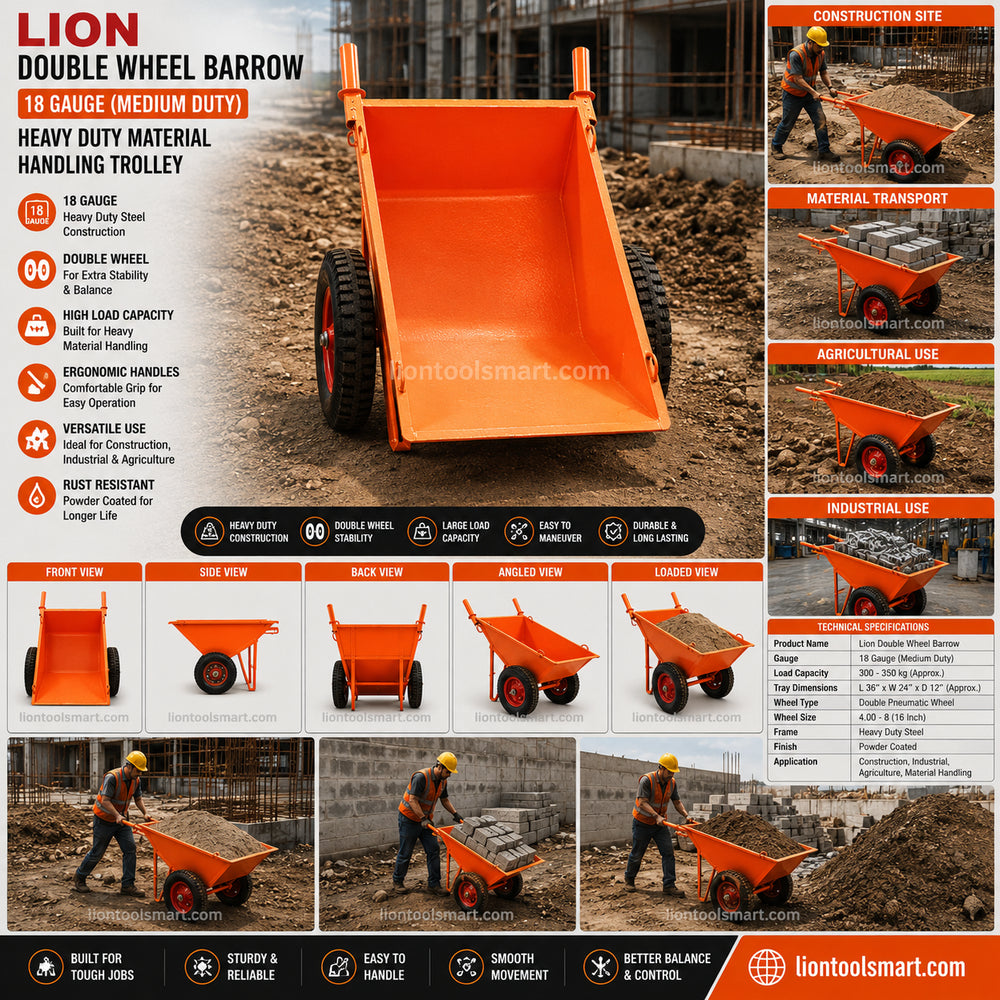 Lion Double Wheel Barrow 18 Gauge (Medium Duty) | Heavy Duty Material Handling Trolley