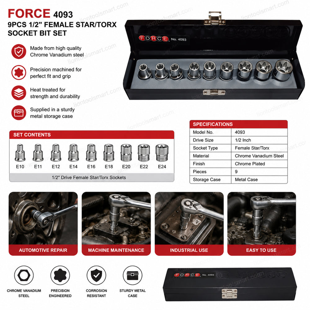 Force 4093 9Pcs 1/2Inch Female Star/Torx Socket Bit Set | Professional Torx Bit Socket Kit