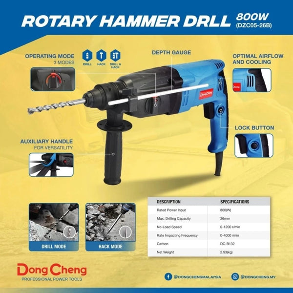 DONGCHENG DZC05-26B 800W SDS-Plus rotary hammer with auxiliary handle and case