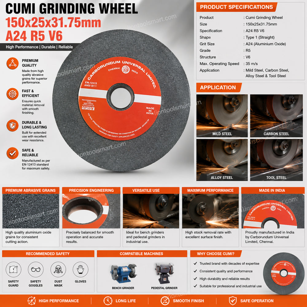 Cumi Grinding Wheel 150x25x31.75mm A24 R5 V6 | Heavy Duty Bench & Pedestal Grinder Wheel