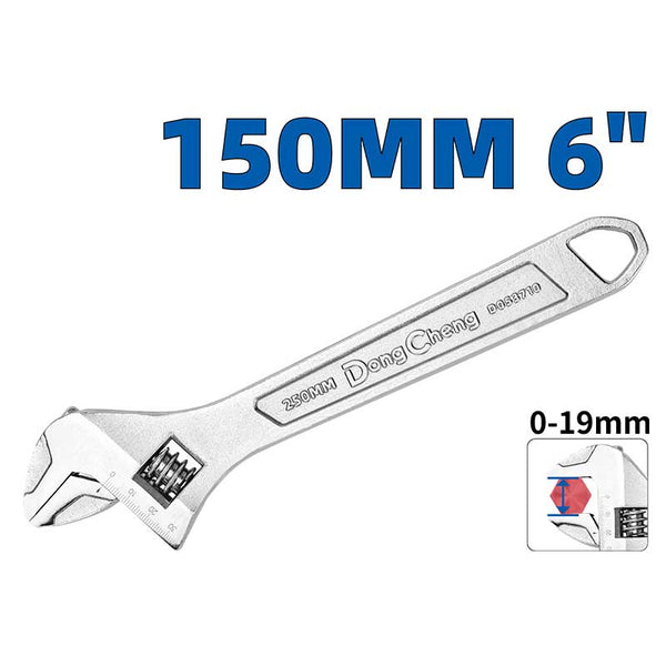 Dong Cheng Adjustable Wrench 6 Inch, 150mm, 0–19mm Jaw Capacity, Heat-Treated Chrome-Plated Carbon Steel