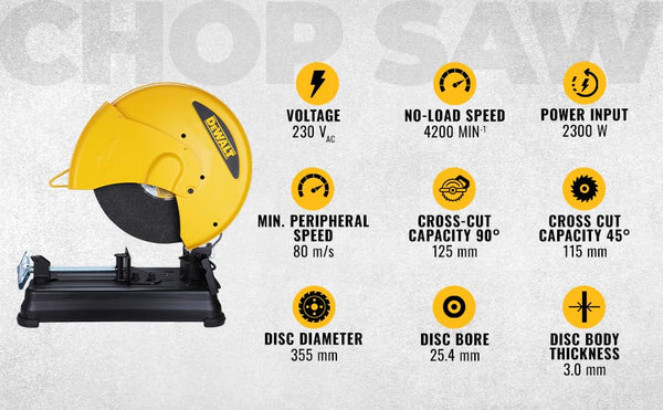DEWALT D28730-IN 2300W Heavy Duty 14-Inch (355mm) Metal Chop Saw, Industrial Electric Cut-Off Machine for Steel Bars, Metal Pipes, Fabrication and Construction Applications