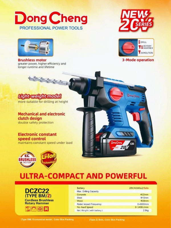 Dongcheng DCZC22 22mm Cordless Rotary Hammer With 4-Mode | R/F Function & Battery-Charger, 1400 RPM