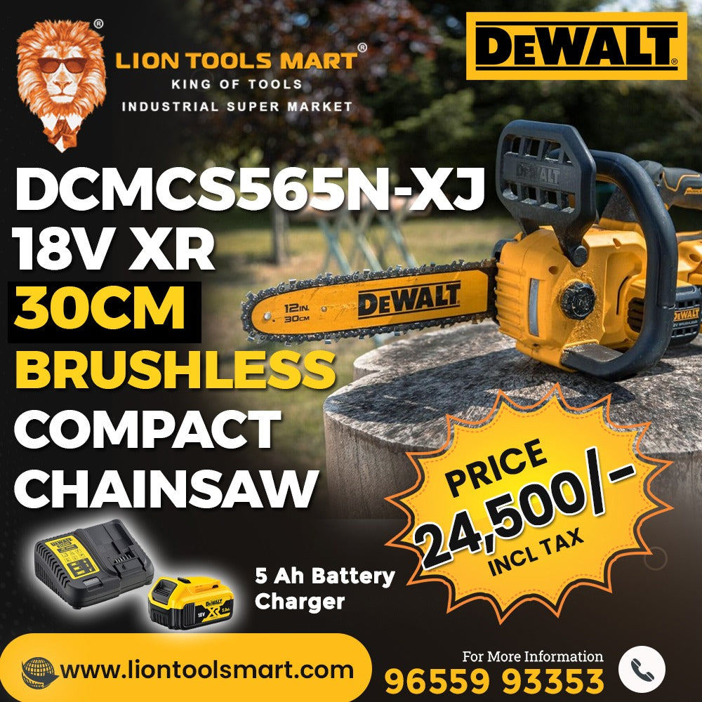 DEWALT CORDLESS Brushless Compact Chainsaw DCMCS565N-XJ 18V XR 30cm - BARE TOOL, 7.3 m/s Max. Chain Speed (No-Load), Tackles Timber upto 25cm, Ergonomic Handle (Includes 5Ah Battery & Charger)