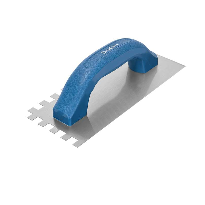DONGCHENG 230 x 130 mm Plastering Trowel with 10 x 10 mm Square Teeth, Carbon Steel (HD213202)-A carbon steel notched trowel with 10 x 10 mm square teeth for spreading tile adhesive.