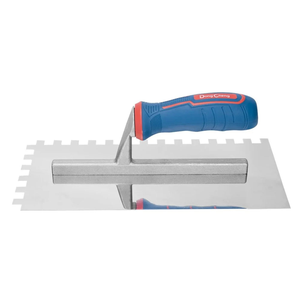 DONGCHENG 280 x 130 mm Stainless Steel Notched Trowel with 10 x 10 mm Square Teeth, PP+TPR Handle (HD213302)-A 4Cr13 stainless steel notched trowel with square teeth for spreading tile adhesive over larger areas.