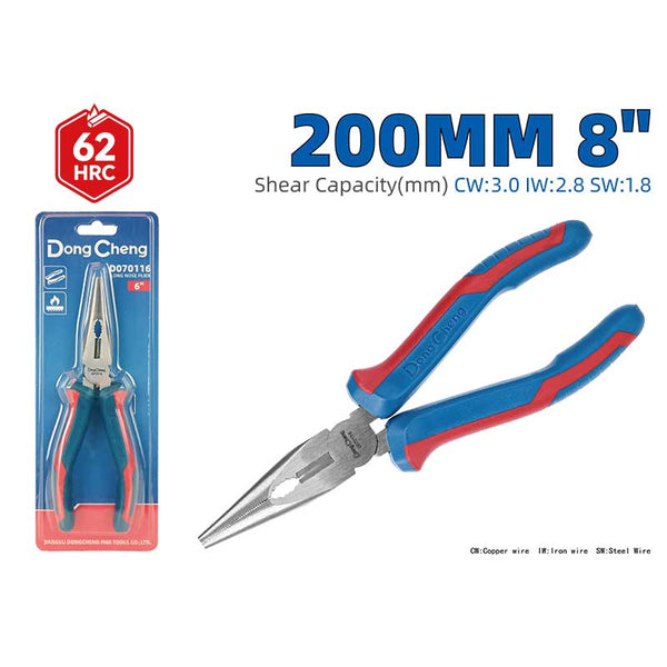 DongCheng Long Nose Pliers 8 Inch / 200mm, 62 HRC High Hardness, Copper/ Iron/ Steel Wire Cutting Capacity, Two-Color Handl