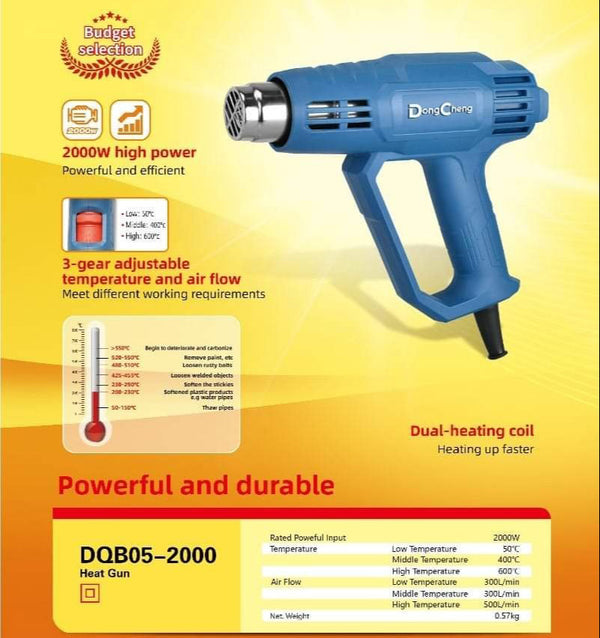 Dongcheng DQB05-2000 Heat Gun | 2000W High Power, Dual Heating Coil, 3 Gear Temp, Air Flow Adjustment