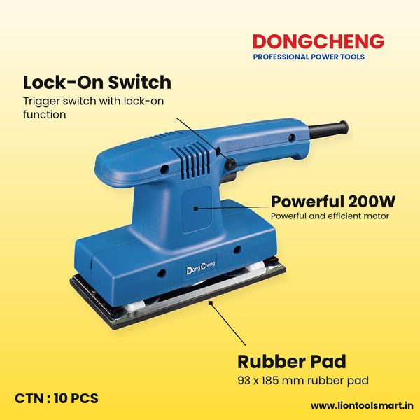 DONGCHENG DSB185B Electric Finishing Sander, 200W, 93 x 185 mm Rubber Pad, Lock-On Switch, for Wood, Paint and Surface Preparation