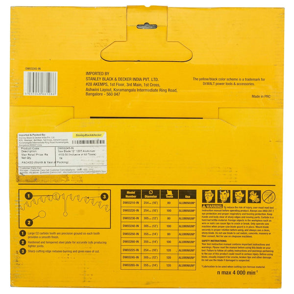 Dewalt DW03245 12-Inch 120T Circular Saw Blade | Aluminium Cutting Blade 305mm
