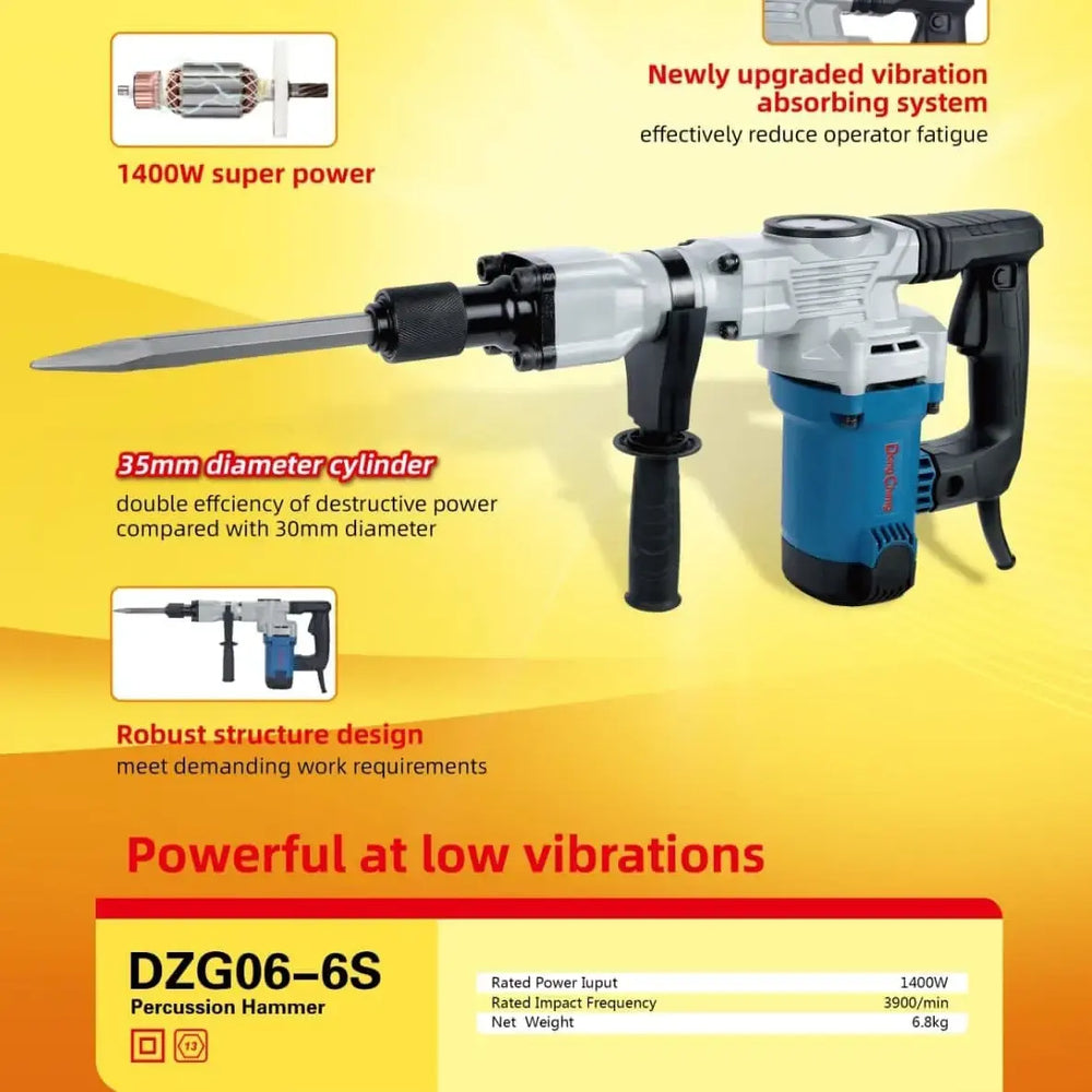Dongcheng DZG06-6S Heavy Duty Percussion Demolition Hammer/Breaker | 16.8J Impact Energy, 35mm, 1400W