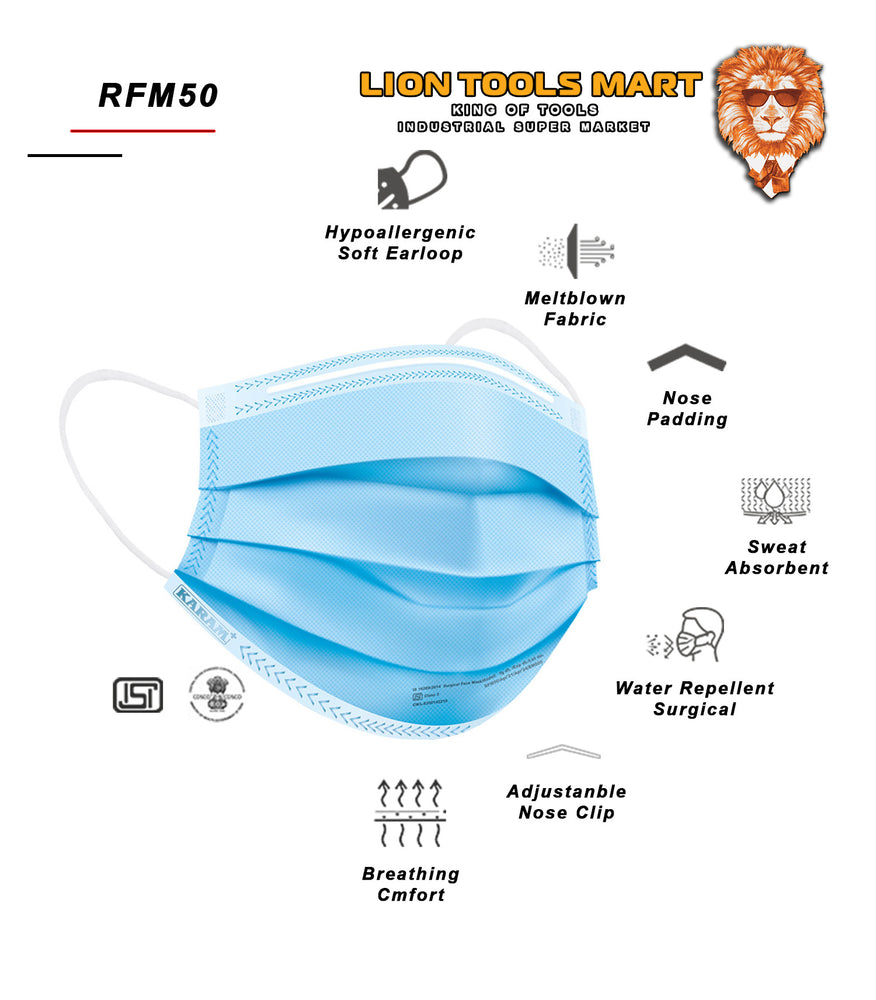 Karam Disposable Surgical 3 Ply Mask with Ear Loops RFM50 | Nose Protection