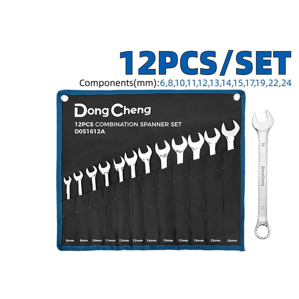 Dong Cheng 12 Pcs Combination Spanner Set A, 6–24mm, Fine Polished Matte Chrome Finish, Canvas Bag
