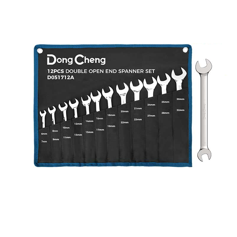 Dong Cheng 12 Pcs Double Open End Spanner Set 6–32mm, Fine Polished Matte Chrome Finish with Canvas Bag