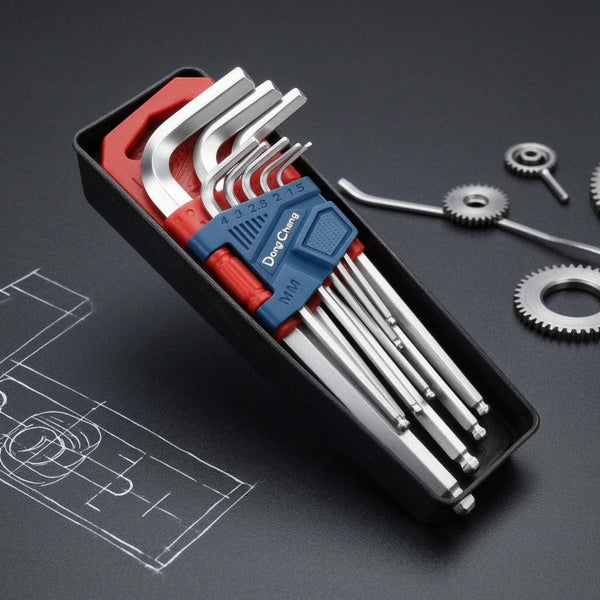 DongCheng HD092900 9-Piece Standard Length Ball Point Chrome-Plated Chrome Vanadium (CR-V) Hex Key Set (1.5–10mm)