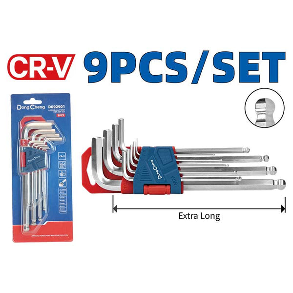 DongCheng HD092902 9-Piece Extra Long Arm Ball Point Chrome-Plated Chrome Vanadium (CR-V) Metric Hex Key Set (1.5–10mm