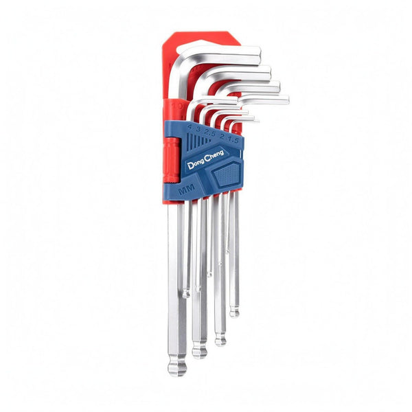 DongCheng HD092902 9-Piece Extra Long Arm Ball Point Chrome-Plated Chrome Vanadium (CR-V) Metric Hex Key Set (1.5–10mm