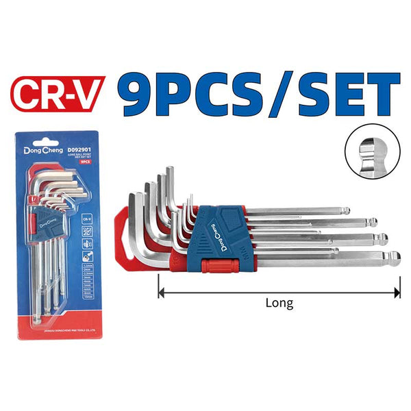 DongCheng HD092901 9-Piece Long Arm Ball Point Chrome-Plated Chrome Vanadium (CR-V) Metric Hex Key Set (1.5–10mm)