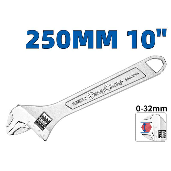 Dong Cheng Adjustable Wrench 10 Inch, 250mm, 0–32mm Jaw Capacity, Heat-Treated Chrome-Plated Carbon Steel
