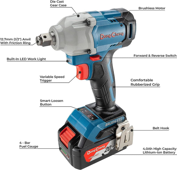 DongCheng DCPB298 20V MAX Cordless Brushless Impact Wrench, 1/2-Inch Square Drive with 298Nm Torque, Two-Speed Control and Smart-Loosen Function