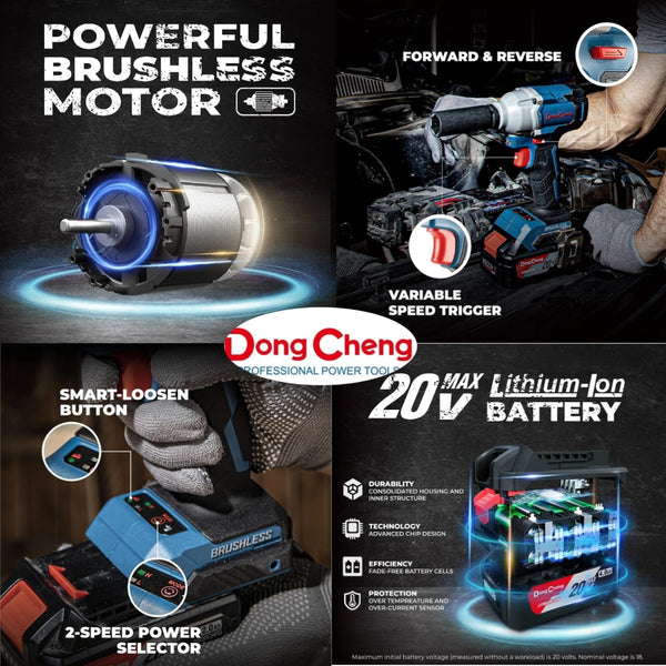 DongCheng DCPB298 20V Cordless Brushless Impact Wrench, 1/2-Inch Square Drive, 298Nm Torque