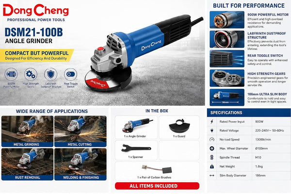DongCheng DSM21-100B 4-Inch Angle Grinder 900W, 100mm Disc, 13000 RPM, M10 Spindle Thread, Ultra-Slim Body for Metal Grinding and Cutting