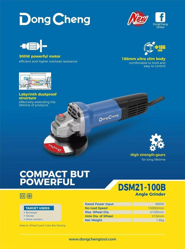DongCheng DSM21-100B 4-Inch Angle Grinder 900W, 100mm Disc, 13000 RPM, M10 Spindle Thread, Ultra-Slim Body for Metal Grinding and Cutting