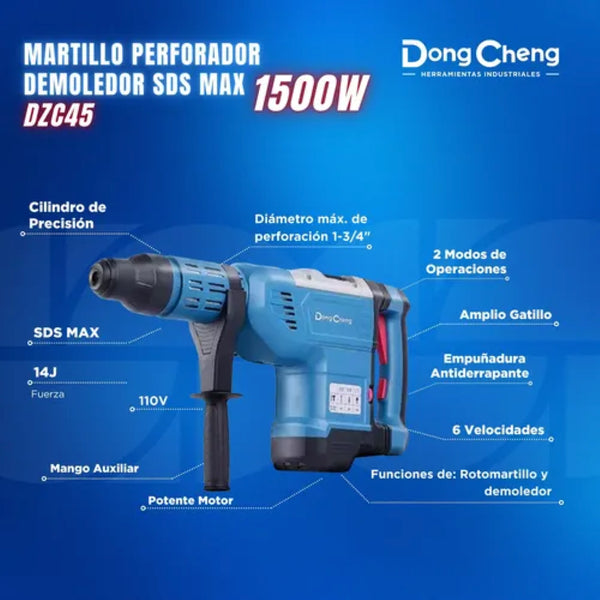 DongCheng DZC45 1500W Heavy-Duty Rotary Hammer Drill, 14.0J Impact Energy, 45mm Concrete Drilling Capacity, Soft Start, Electronic Constant Speed Control and Demolition Function