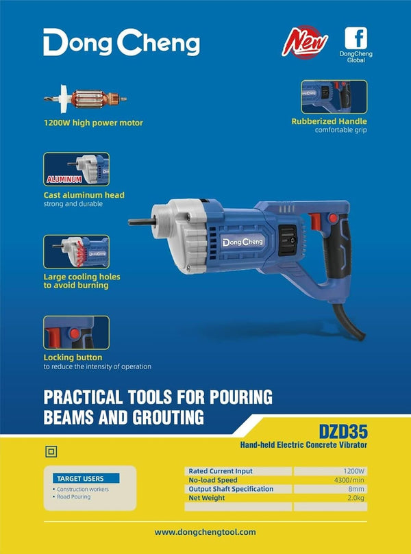DongCheng DZD35 1200W Handheld Concrete Vibrator, 4300 RPM, 8mm Output Shaft, Cast-Aluminum Head and Rubber-Covered Handle for Concrete Compaction