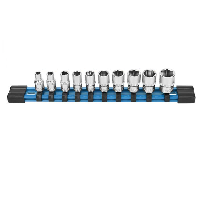 DongCheng HD034405 10-Piece 1/2 Inch Drive Metric Socket Set with 10–24mm CR-V Steel Sockets, Heat-Treated Chrome-Plated Finish and Storage Rail for Automotive Repair and Mechanical Maintenance