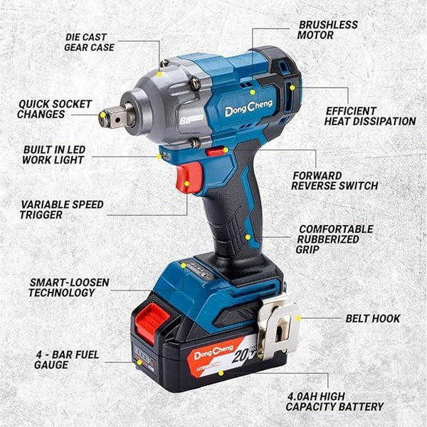 DongCheng DCPB358 20V MAX Cordless Brushless Impact Wrench, 1/2-Inch Square Drive with 358Nm Fastening Torque, 500Nm Nut-Busting Torque and Smart-Loosen Function