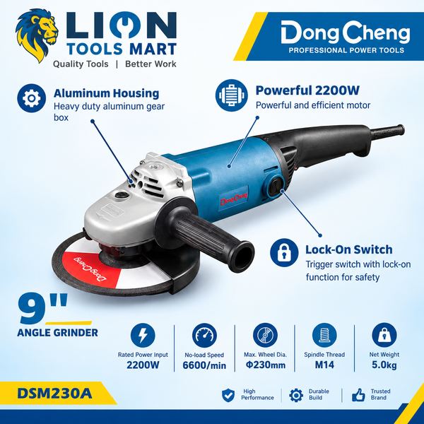 DongCheng DSM230A 9-Inch Angle Grinder Machine 2200W, 6600 RPM, 230mm Grinding Wheel, M14 Spindle Thread