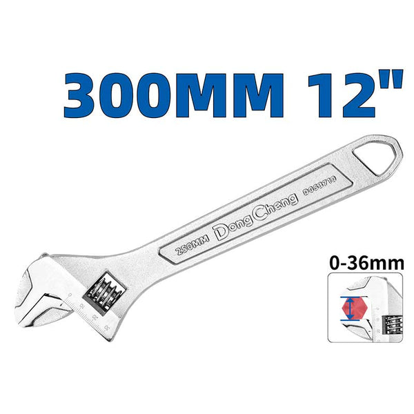 Dong Cheng Adjustable Wrench 12 Inch, 300mm, 0–36mm Jaw Capacity, Heat-Treated Chrome-Plated Carbon Steel