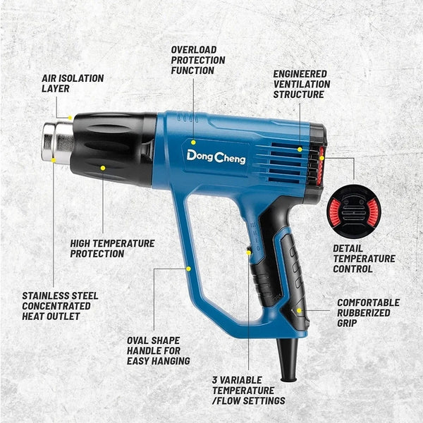 Dongcheng DQB2000 Electric Heat Gun 2000W with 2-Speed Adjustable Temperature and Airflow, 600°C Hot Air Gun with Flat and Round Nozzles