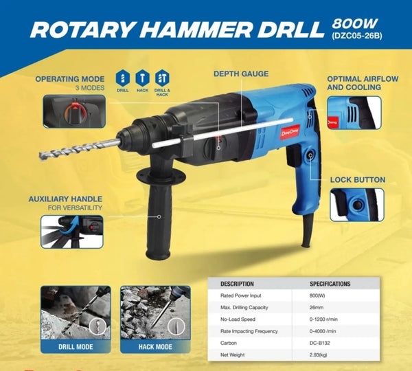 Dongcheng DZC05-26B Rotary Hammer Drill | 720W, 2800 Feet Per Second Rotational Speed