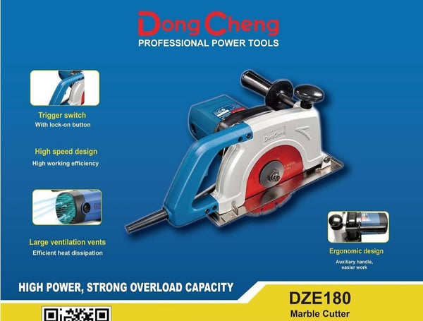 Dongcheng DZE180S Marble Cutter 1900W, 180mm Blade, 5500 RPM, 58mm Cutting Capacity, Heavy-Duty Stone Cutting Machine