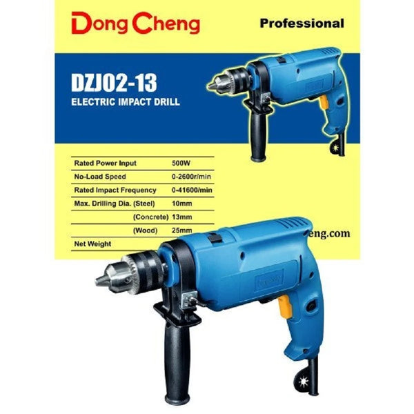 Dongcheng DZJ02-13 Electric Impact Drill 500W, 13mm Variable Speed Reversible Hammer Drill for Steel, Concrete and Wood Drilling