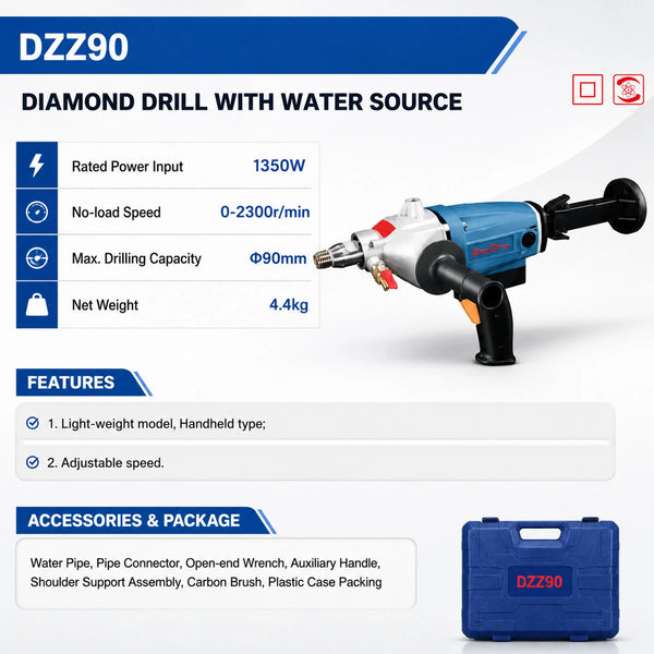 Dongcheng DZZ90 Electric Diamond Core Drilling Machine 1350W, Adjustable Speed 0–2300 RPM, 90mm Maximum Drilling Capacity with Water Supply Accessories